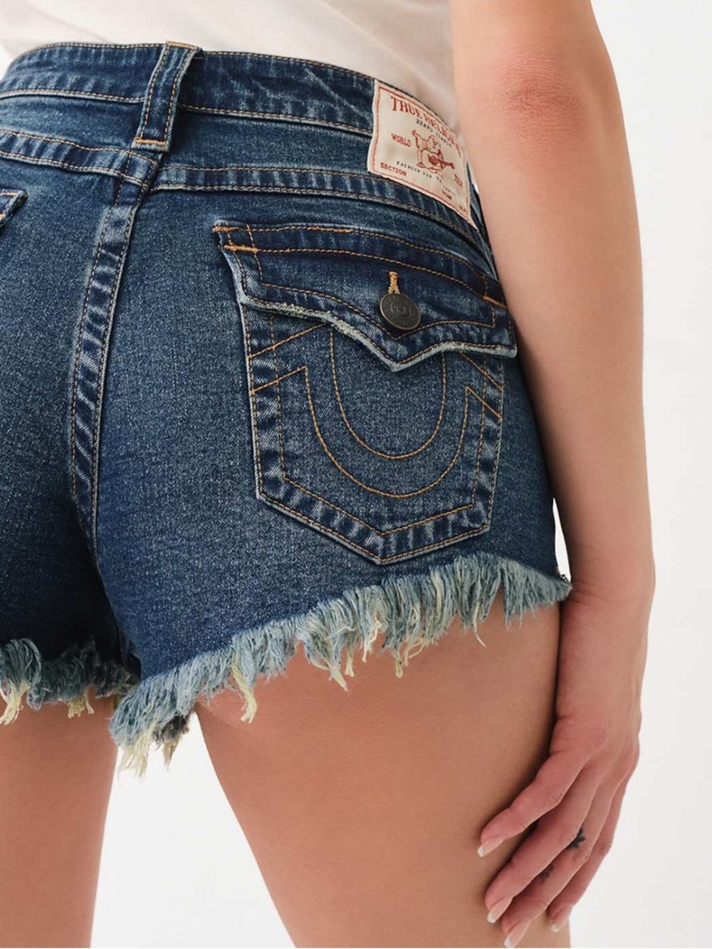 True Religion Distressed Mid-Rise Cheeky Fray Hem Shorts